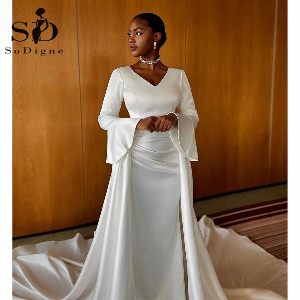 SoDigne exquisitos vestidos de novia musulmanes con cuello en V vestidos de novia de manga larga vestido de novia de satén vestidos de novia personalizados