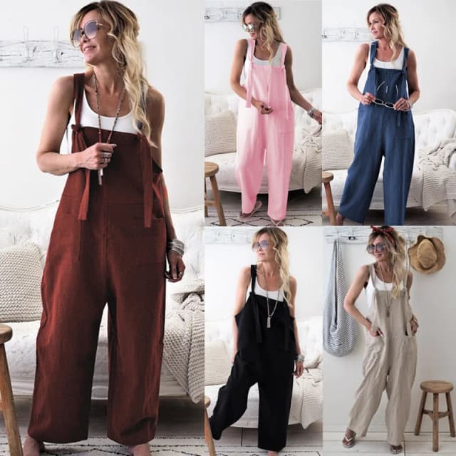 Nuevo Mono informal holgado con tirantes de pierna ancha para mujer, pelele con bolsillos lisos de lino y algodón, monos para mujer, monos de talla grande