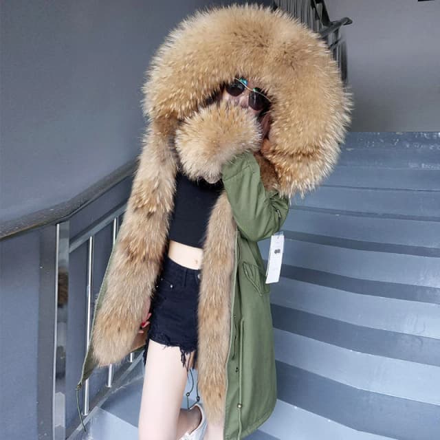 MAOMAOKONG-Manteau de Luxe en Fourrure group pour Femme, Veste avec Col en Fourrure, Doublure en Fourrure de Torche Naturelle, Parkas à Capuche en Raton Laveur, Top Fashion, Hiver