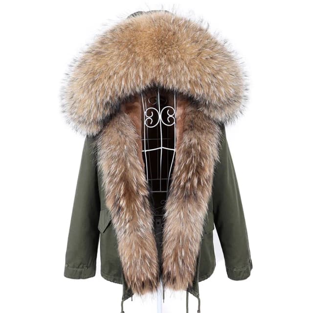 MAOMAOKONG-Manteau en Fourrure Naturelle pour Femme, Parkas avec Col en Vraie Fourrure de Raton Laveur, Doublure en Fausse Fourrure, Optiques Chaudes, Veste Courte, Vêtements d'Hiver