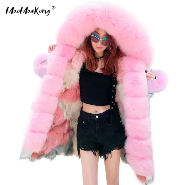 MAOMAOKONG-Veste d'hiver longue pour femme, Parkas optiques, Manteau à col en fourrure de renard véritable naturel, Vêtements à capuche roses, Vêtements pour femmes