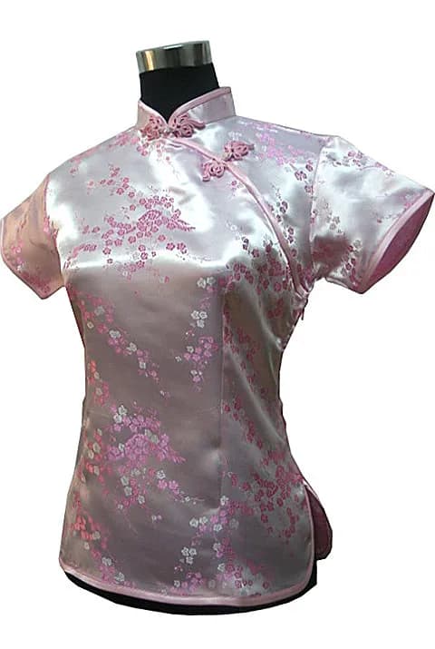 Blusa de satén de seda china tradicional rosa para mujer, camisa Vintage de verano, Tops, ropa de flores, S, M, L, XL, XXL, WS012