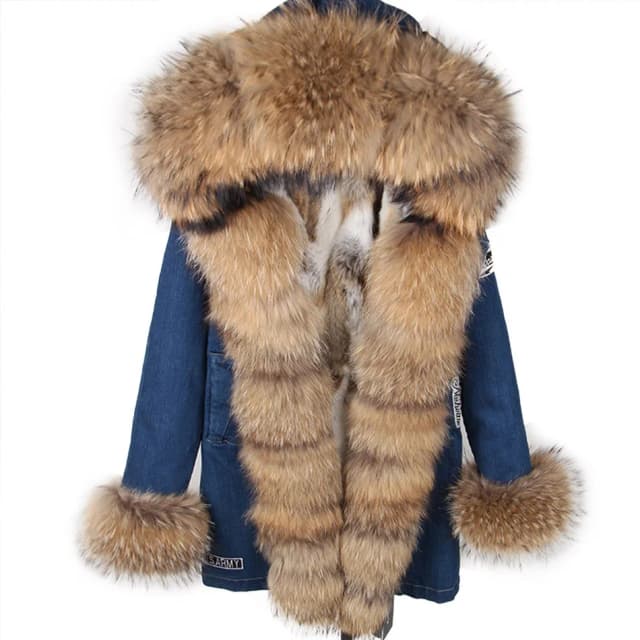 Maomaokong-Manteau en Vraie Fourrure de Raton Laveur pour Femme, Veste en Denim à Col de Renard, Parka d'Hiver à Capuche avec Doublure en Vraie Fourrure de Lapin