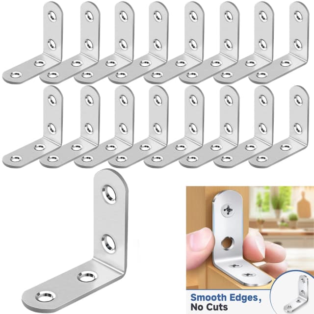20 soportes en L de acero inoxidable con tornillos, 90 °   Soportes de estante de ángulo recto para accesorios de muebles de madera, mesa