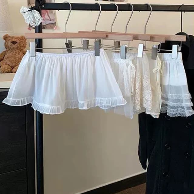 Falda lisa de encaje de malla Harajuku, color blanco y Beige, Y2k, falda apilada para chica coreana, delantal elegante, falda envolvente con cordones, pantalones a juego, ropa de calle