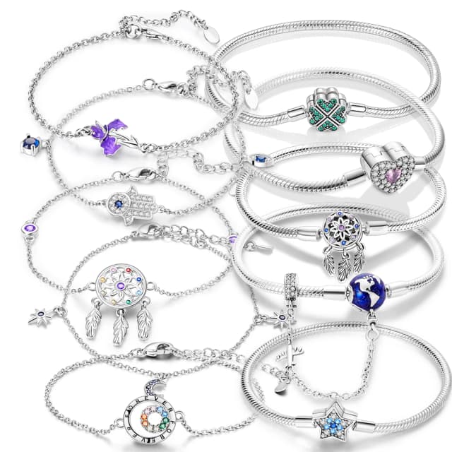 Pulsera con cierre de trébol y mariposas en forma de corazón y estrellas chapadas en plata para mujer, compatible con abalorios originales, cuentas, regalo DIY