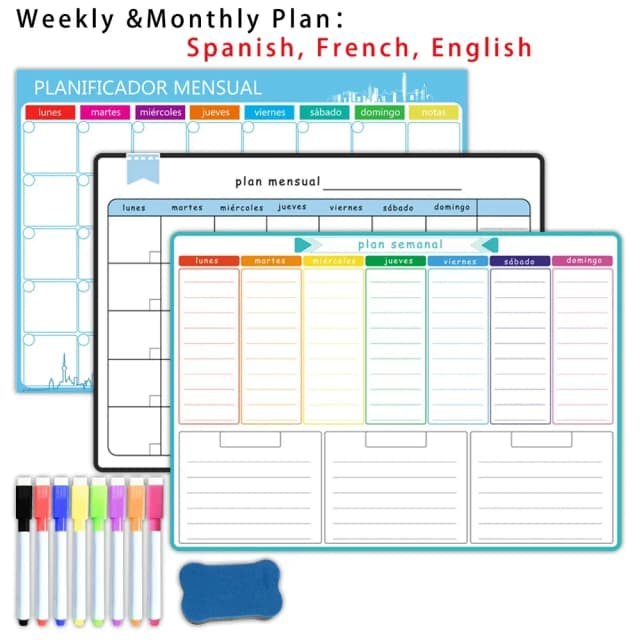 Planificador magnético semanal y mensual tamaño A3: español, francés, inglés. Calendario adhesivo para nevera con pizarra blanca de borrado en seco