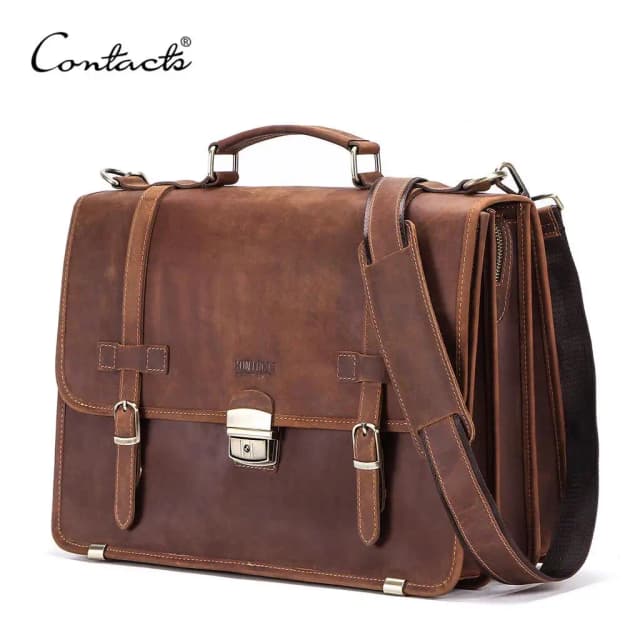 CONTACT'S-Bolso de cuero Crazy Horse para hombre, Maletín de negocios para ordenador portátil de 14 ", bolsos de mensajero de hombro de calidad