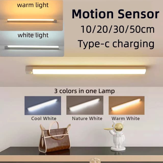Lámpara con Sensor de Movimiento, Luz Nocturna LED Inalámbrica, Recargable por USB Tipo C, para Cocina, Armario, Dormitorio, Escalera