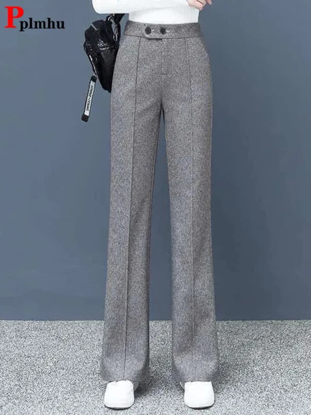 Pantalones rectos de mezcla de lana gruesa de talla grande, pantalones de pierna ancha de lana de estilo coreano, pantalones sueltos informales de invierno para mujer, nuevos pantalones sueltos de cintura alta