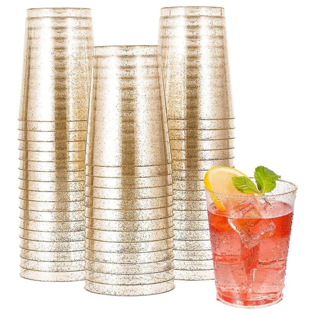Vasos de plástico dorados desechables, vasos de plástico transparente con purpurina dorada, vasos de fiesta de navidad
