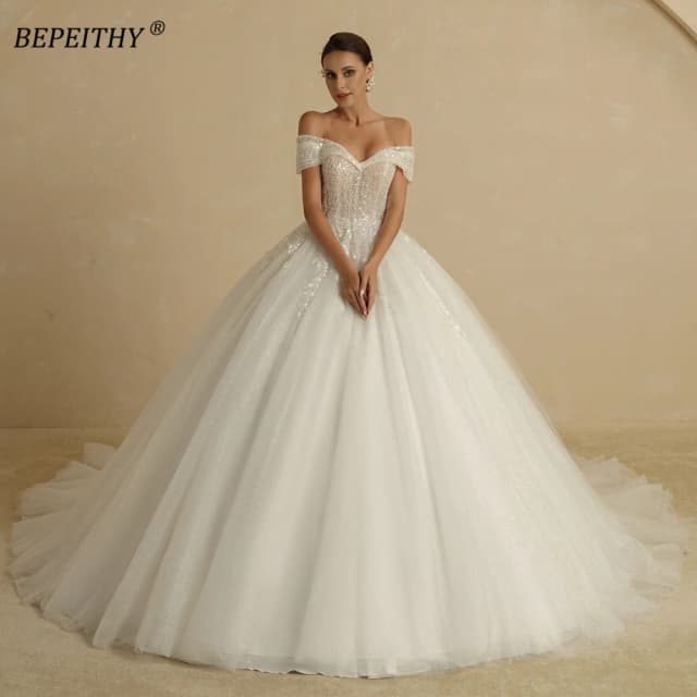 BEPEITHY-vestidos de Boda de Princesa con cuentas personalizados, vestido de novia con hombros descubiertos, sin mangas, con purpurina, 2024