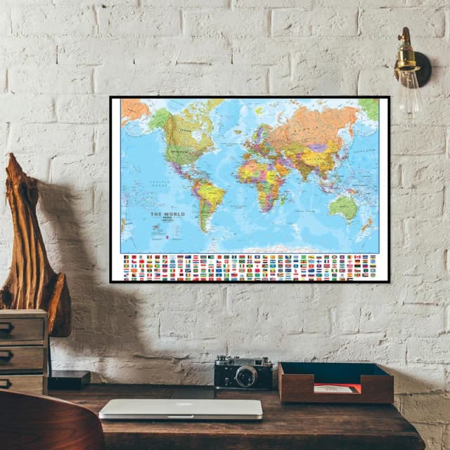 90*60cm 英語の世界地図 - 教育用地図 キャンバス絵画 ポスターとプリント オフィスや学校用品の壁の装飾