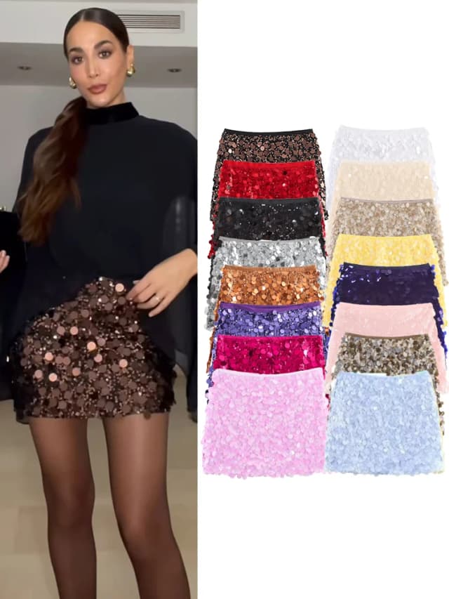    TFMLN nuevas faldas de lentejuelas a la moda para mujer, faldas de calle informales elegantes de cintura alta Vintage con cremallera lateral de Color sólido para mujer
