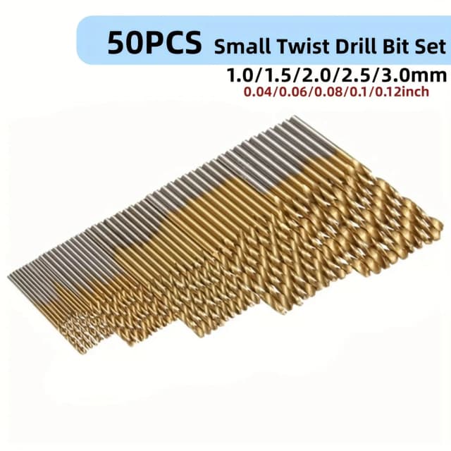 Juego de brocas helicoidales chapadas en titanio, 50 unidades, broca pequeña de 1-3mm, herramienta de taladro eléctrico, taladro de carpintería DIY y broca abierta
