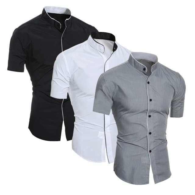 Camisa de moda informal de manga corta de verano para hombre, top ajustado cómodo y transpirable con cuello levantado de color sólido para hombre