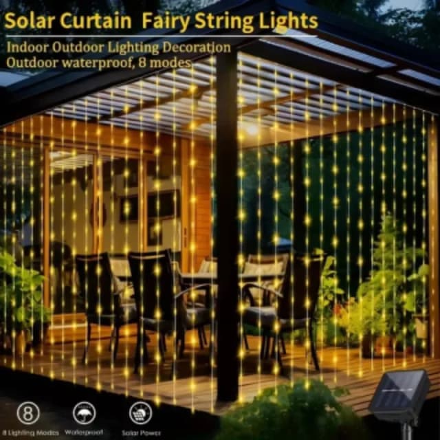 1 paquete de 200LED cortina Solar luces de cadena al aire libre impermeable 8 modos de iluminación cortina luces de hadas para decoración del banquete de boda