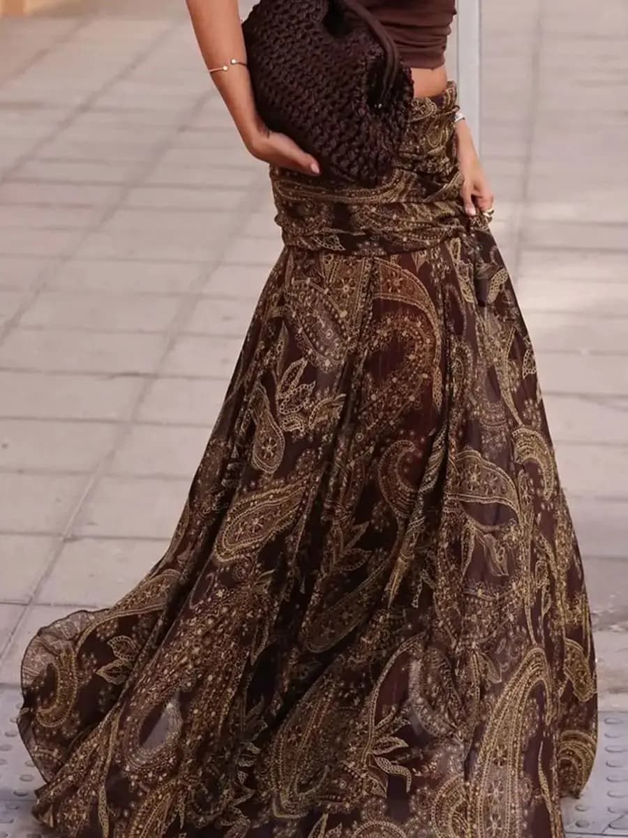 Faldas largas con estampado Irregular para mujer, faldas largas con cintura alta y cubierta para glúteos, falda larga acampanada, ropa inferior Vintage para mujer