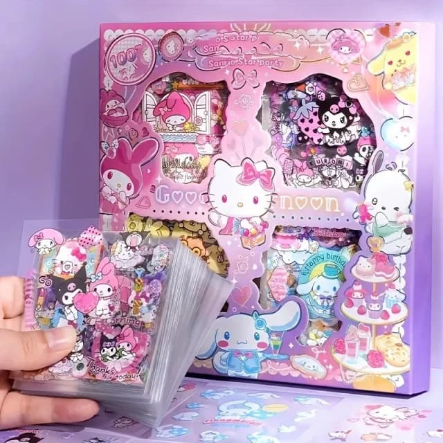 Juego de pegatinas sin repetición de 100 piezas Cinnamoroll Kuromi, adhesivo de papelería impermeable, caja de regalo, regalo de cumpleaños