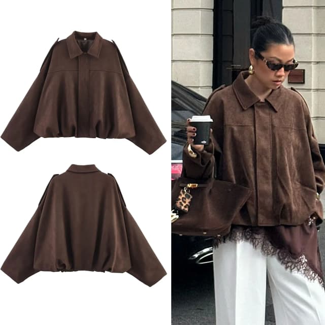 HH-abrigos holgados lisos con textura de gamuza para mujer, moda urbana, informales, mangas largas de murciélago, solapa, cremallera, chaquetas Vintage de invierno