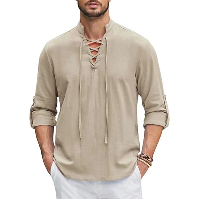 Camisa renacentista para hombre, top vikingo Medieval pirata, camisas de lino y algodón, disfraz de Halloween de manga larga para hombre