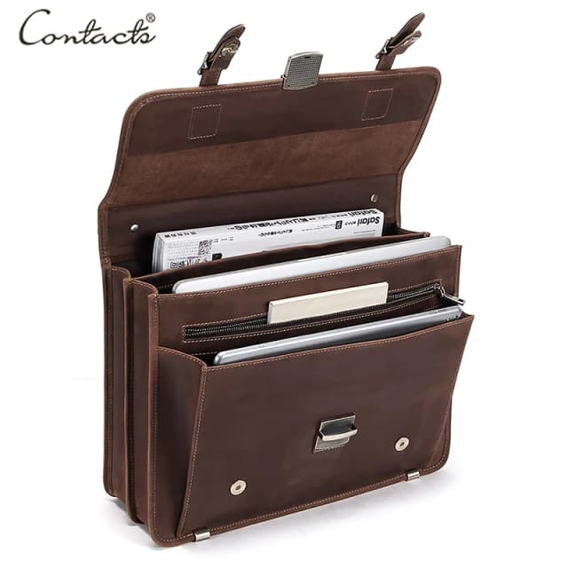 CONTACT'S-Bolso Retro para hombre, maletín de cuero Crazy Horse para ordenador portátil de 14 pulgadas, de gran capacidad, para negocios