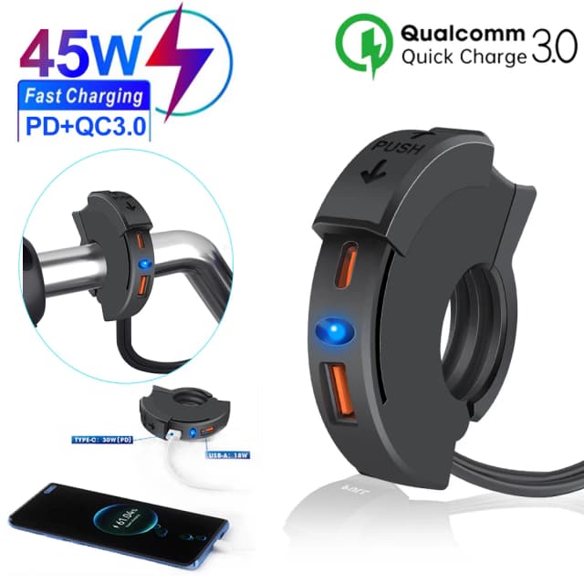 Cargador rápido USB QC 3,0 para motocicleta, enchufe impermeable con puerto tipo C, nueva salida PD, enchufe móvil para cargadores de 12v para Moto y bicicleta