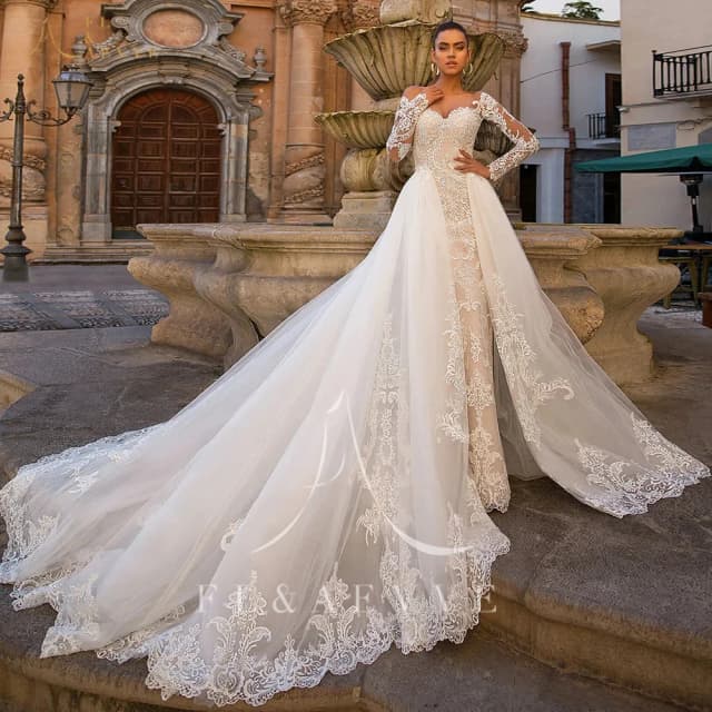 FL & AEVVE vestido de novia de sirena de 2 piezas con apliques de manga larga y botones con cuello redondo y tren desmontable personalizado