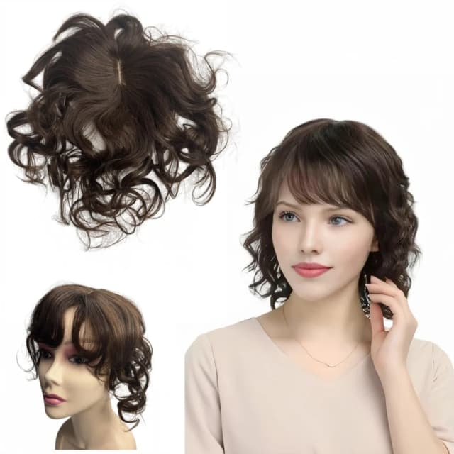 35cmボディウェーブ人毛ヘアピース（女性用、前髪付き、カールヘアピース、クリップ式エクステ、薄毛の継ぎ目を隠す）