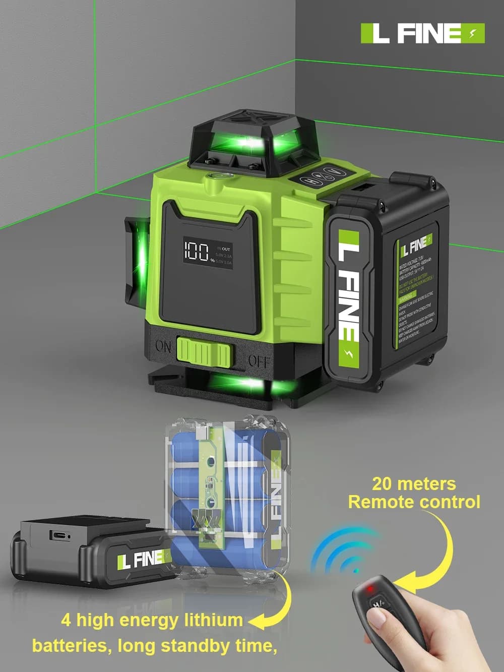 LFINE 3D/4D Nivel láser 12/16 líneas horizontales y verticales con control remoto 8 líneas 360 ° Niveles láser autonivelantes
