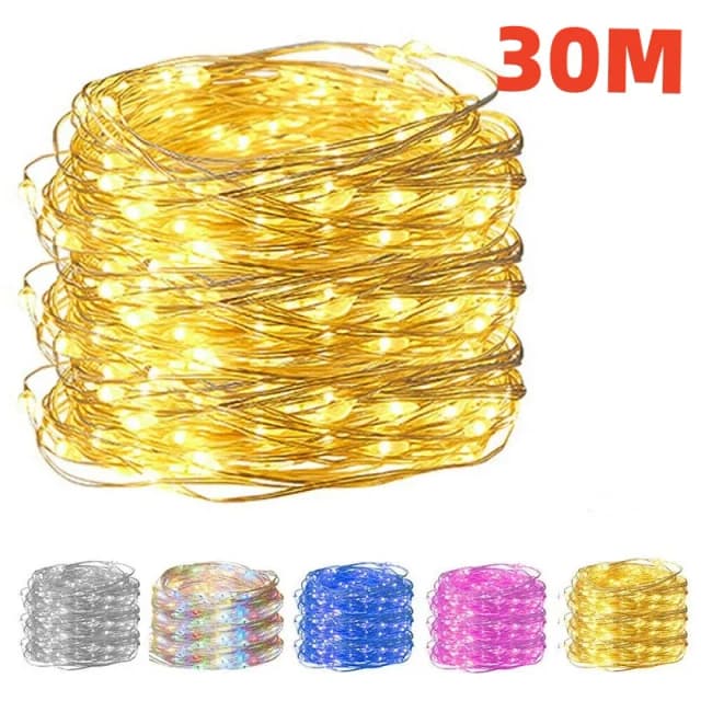 Guirnalda de luces LED USB de 10/20/30M, guirnalda de alambre de cobre y plata, luces de hadas impermeables para decoración del banquete de boda y Navidad
