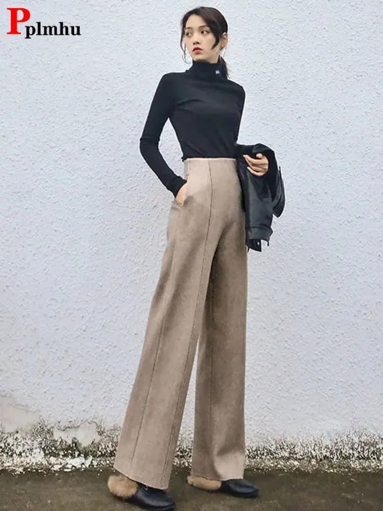 Pantalones de pierna ancha de lana de cintura súper alta, Pantalones rectos informales de mezcla de lana para otoño e invierno, Pantalones gruesos de Cachemira sueltos para mujer, nuevos