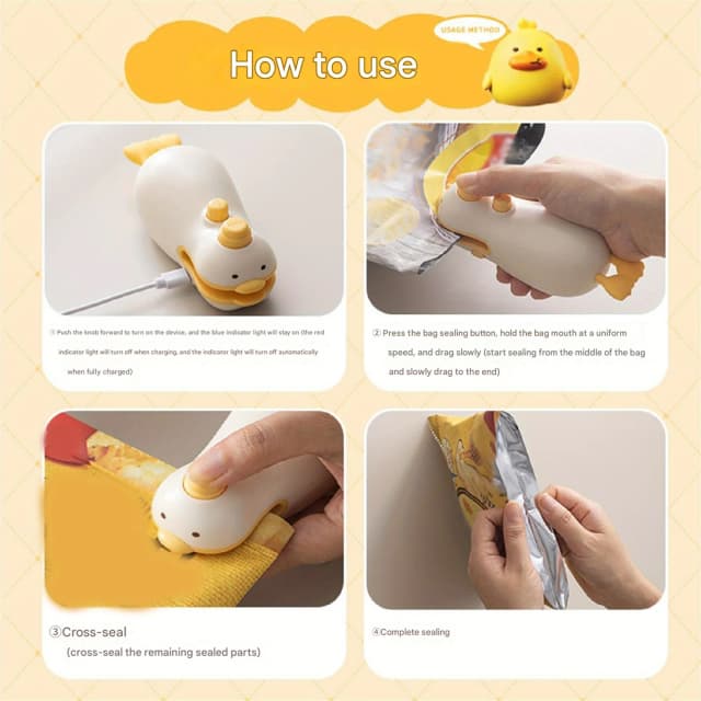 Sellador de bolsas recargable al vacío de pato lindo para frescura, utensilio de cocina portátil de fácil uso, Mini 2 en 1