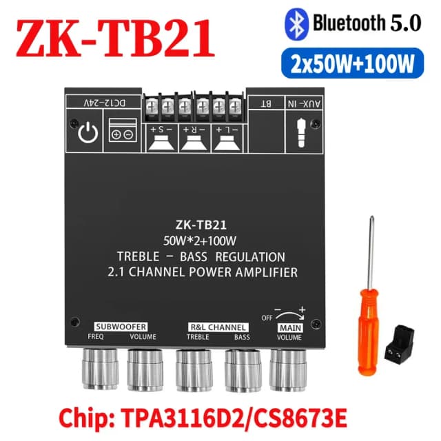 ZK-MT21チャンネルBluetooth 5.0 CS8673E 2.1サブウーファーアンプボード 50W×2+100Wパワーオーディオステレオアンプボード バスアンプ AUX