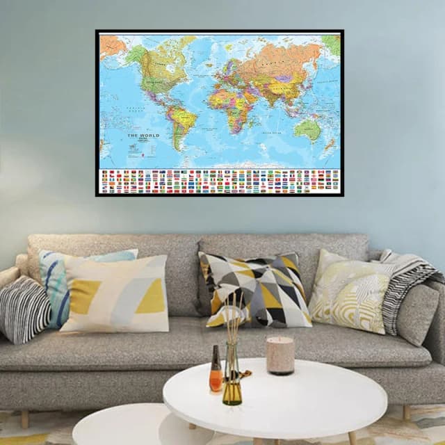 Mapa del mundo grande plegable de 150x100cm con banderas, mapa físico del mundo para viajes, oficina, útiles escolares para dormitorio y sala de estar