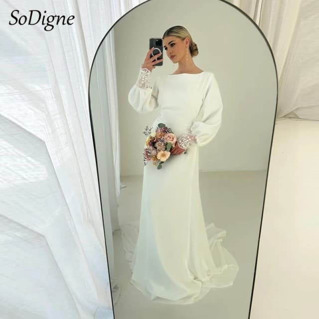 SoDigne-vestidos de novia sencillos musulmanes, vestido de novia de satén con cuello redondo y mangas completas, vestido de novia personalizado de sirena, vestidos de novia
