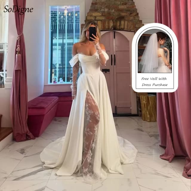 SoDigne-vestidos de novia línea a, vestido de novia de satén/encaje de manga larga con hombros descubiertos, elegante vestido de novia personalizado