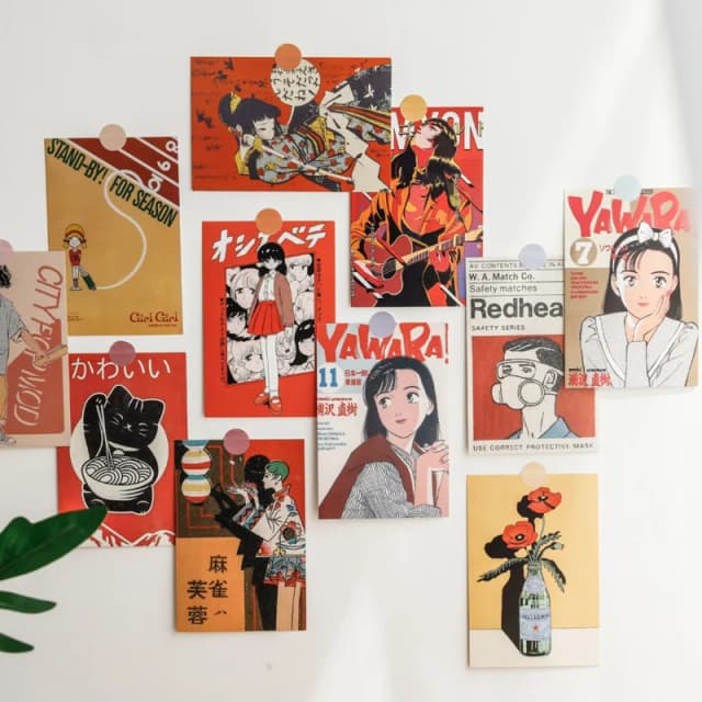 ​ Postal japonés Showa Vintage de dibujos animados de niña, accesorios bonitos para fotos, fondo de sala, pared, bricolaje creativo, Kawaii, 30 hojas, pegatina gratis