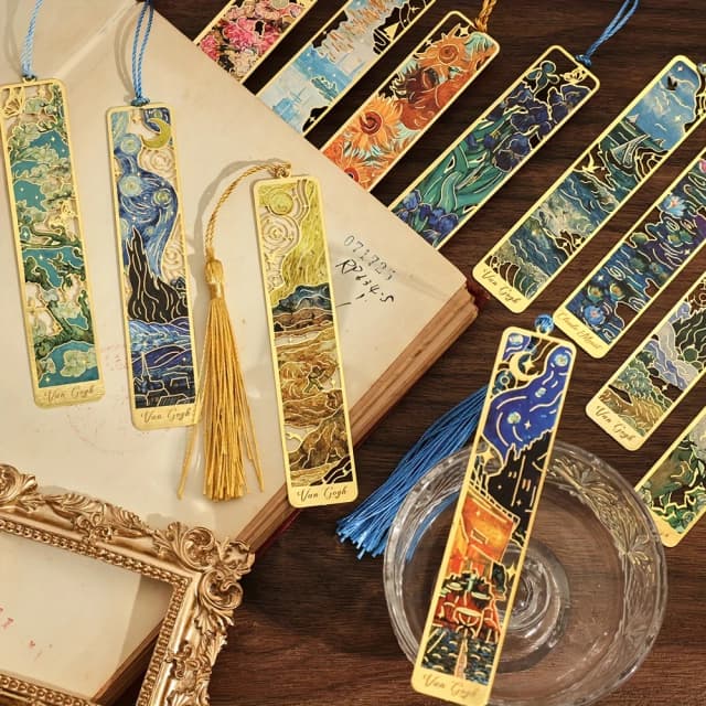 Marcapáginas de metal con pintura al óleo vintage, marcapáginas de borla larga con estampado en caliente hueco, regalos de papelería para clubes de libros, amantes de los libros,