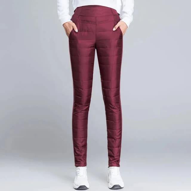 Pantalones pitillo de plumón de pato blanco para mujer, pantalón de algodón ajustado elástico grueso y cálido para invierno, pantalón informal a prueba de viento de cintura alta para la nieve