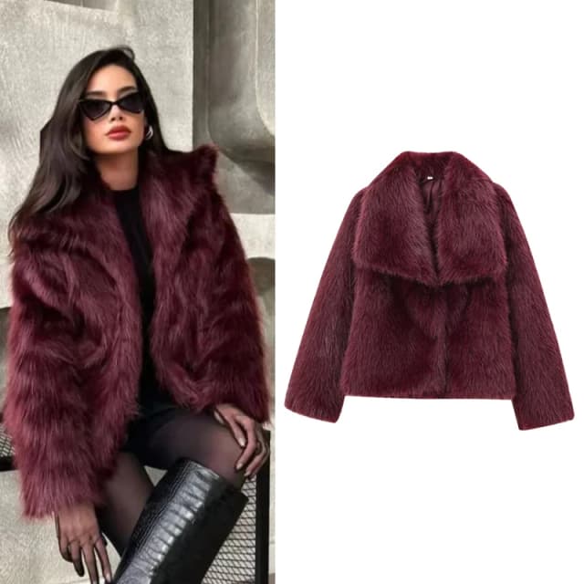 HXAO, abrigo de piel para mujer, chaqueta Bomber Borgoña de felpa para mujer, chaqueta corta sólida de manga larga, abrigos cálidos de invierno para mujer, abrigos informales 2024