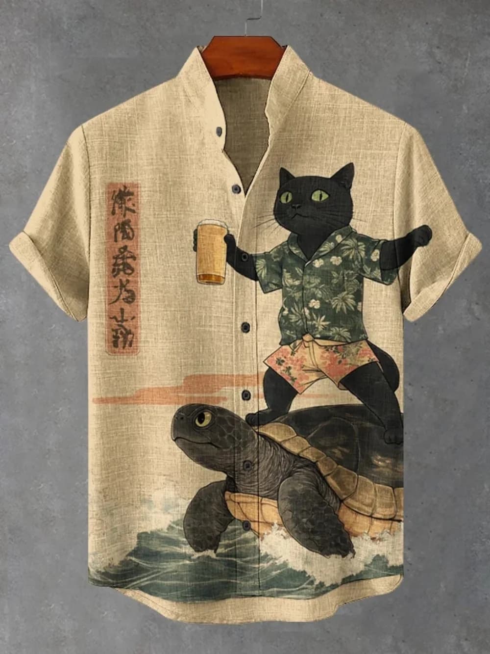 Camisa de manga corta estilo callejero de verano para hombre combinada con cárdigan de lino estampado 3D, top transpirable con cuello levantado a la moda