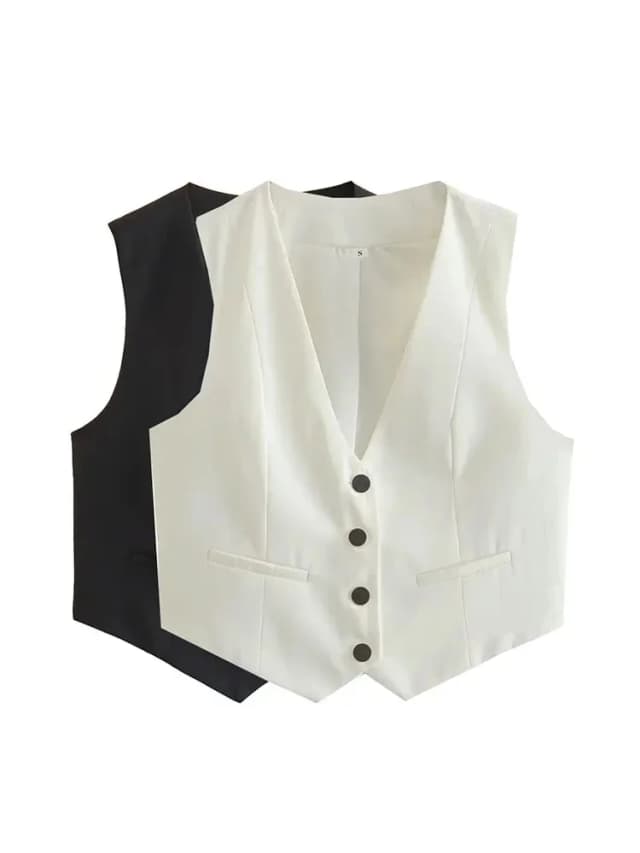 Chaleco recortado para mujer, Tops con botones a la moda, abrigos sin mangas con cuello de pico Vintage, prendas de vestir exteriores, chaqueta elegante blanca y negra
