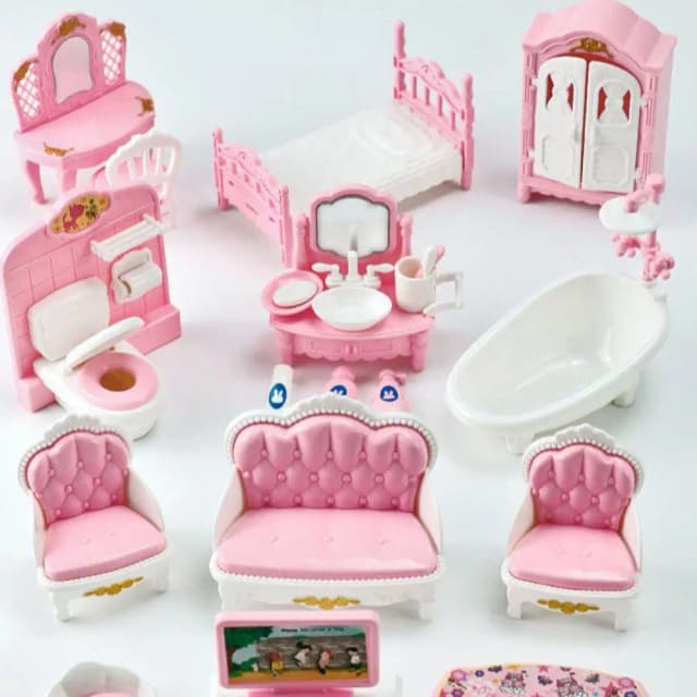 Gran oferta, bonito Kawaii rosa, 10 artículos/lote, muebles para casa de muñecas en miniatura, accesorios, juguetes para niños, cosas de cocina para regalos de niñas