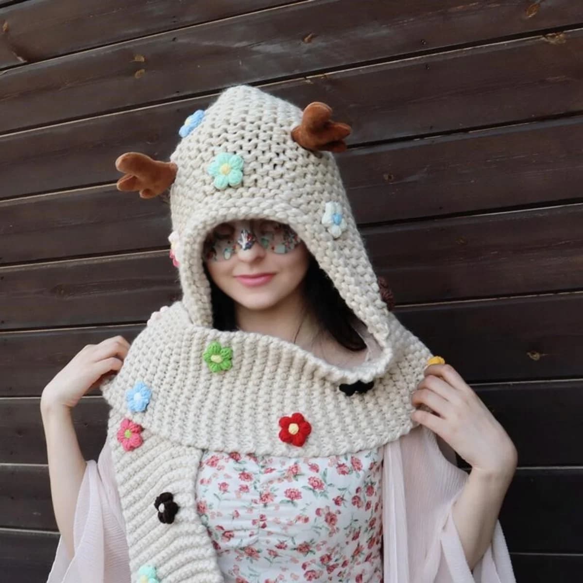 Bufanda de mujer, gorro de una pieza hecho a mano de ganchillo, gorro tejido con flores coloridas, bufanda gruesa y cálida para otoño e invierno, bonito y versátil