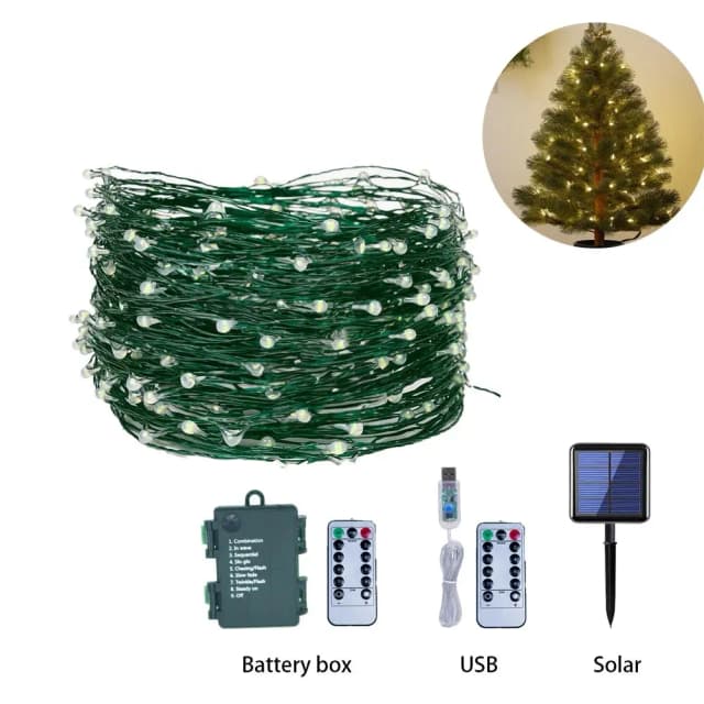 Guirnalda de luces LED de 10M100, guirnalda de luces de alambre verde, guirnalda blanca cálida para exteriores, hogar, Navidad, boda, fiesta, decoración de jardín