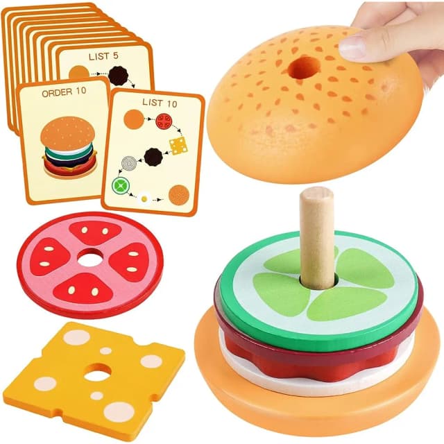 Juguetes apilables de hamburguesas de madera Montessori para niños pequeños, juguetes educativos de aprendizaje preescolar, juguetes de cocina de habilidad motora fina, regalo