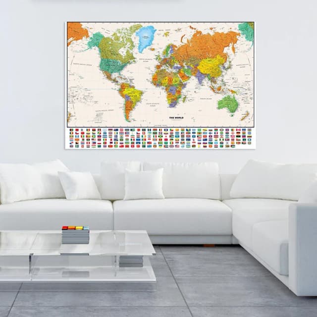 150x100cm 教育と文化のための国旗付き世界物理地図不織布スプレー世界地図絵画家の装飾