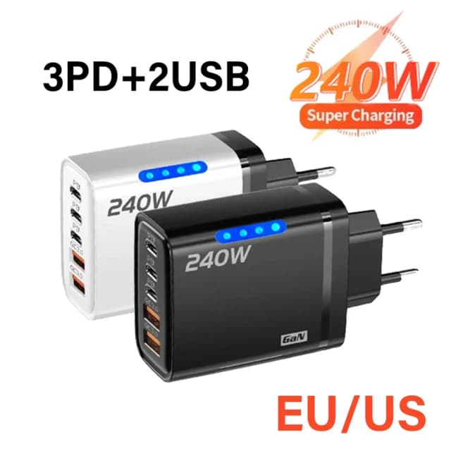 Cargador USB C 5 en 1 de 240W GaN, cargador de teléfono de carga rápida, adaptador de corriente tipo C, cargador de pared con enchufe europeo/estadounidense para iPhone, Samsung, Xiaomi