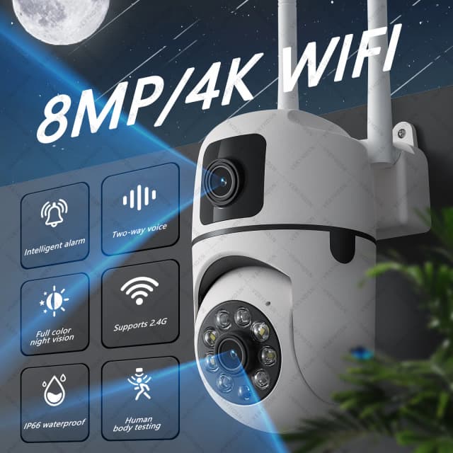Cámara IP de doble lente de 8MP cámara de vigilancia Wifi para exteriores PTZ pantalla Dual AI seguimiento automático protección de seguridad vídeo impermeable